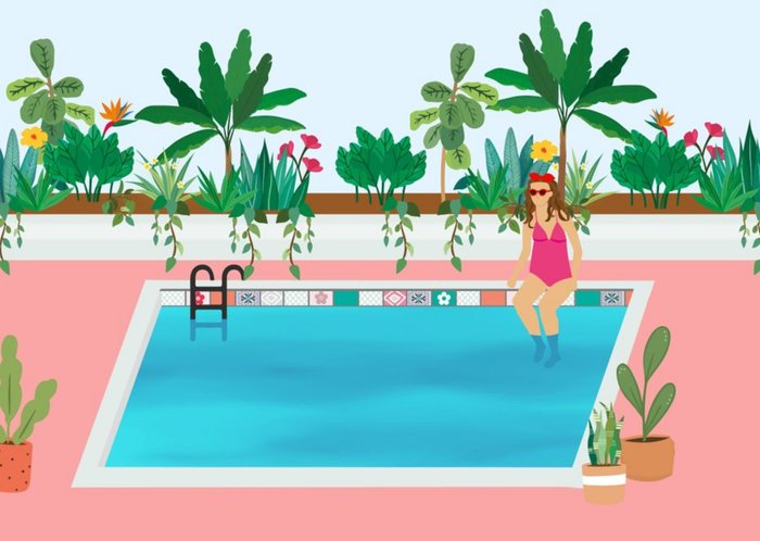 Illustrated Plants and Poolside Theme Birthday Card