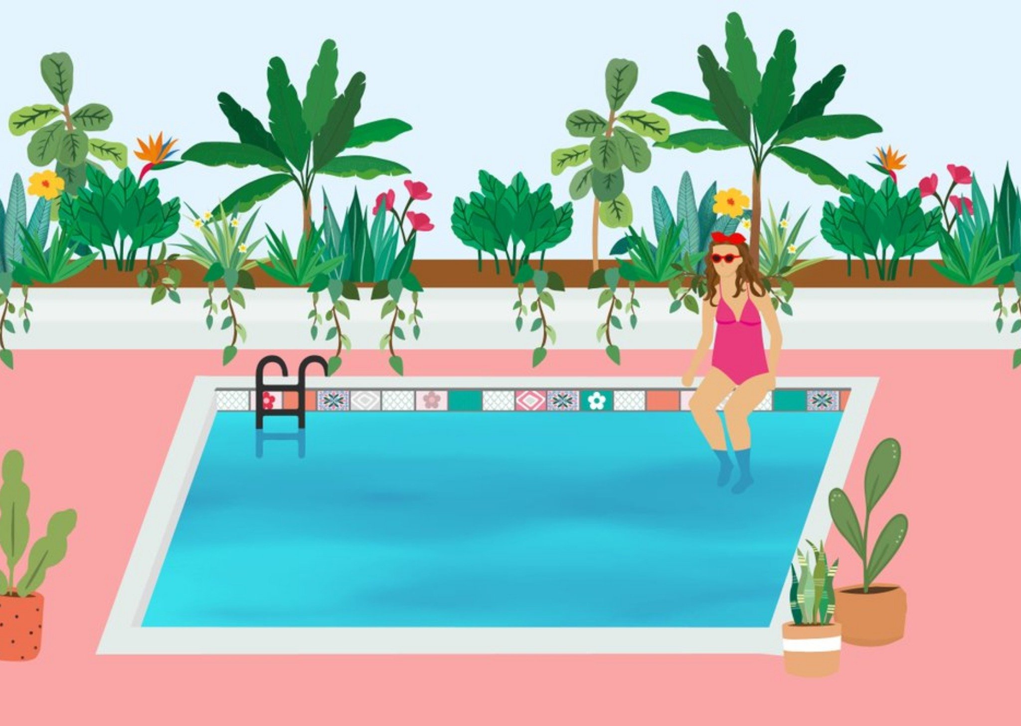 Illustrated Plants And Poolside Theme Birthday Card Ecard