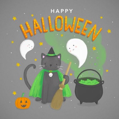 Illustration Of a Cat Dressed As A Witch Happy Halloween Card