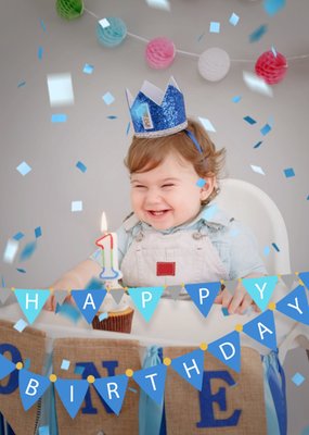 Happy Birthday Blue Bunting And Confetti Photo Upload Card