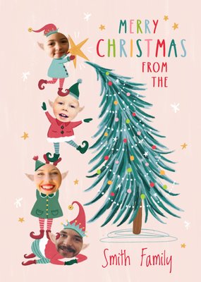 4 Elves Face Photo Upload Christmas Card