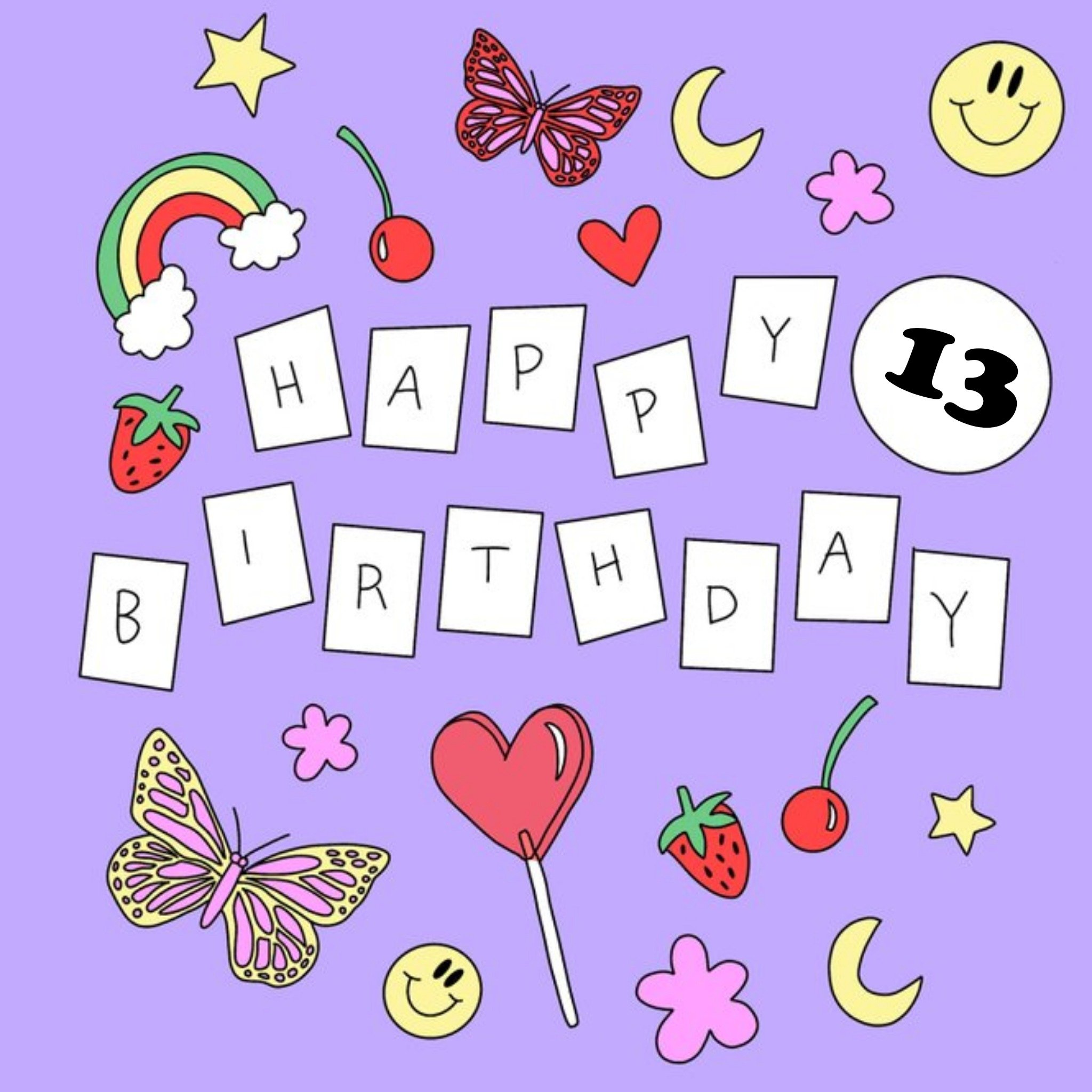 Aleisha Earp Purple Illustrated Stickers Personalised Birthday Card, Square