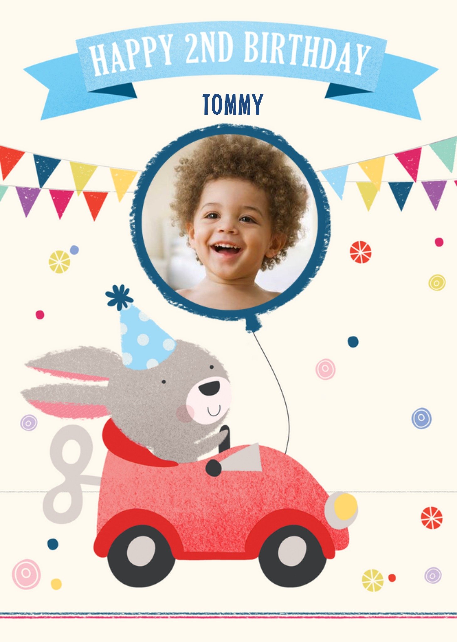 Moonpig Illustration Of A Rabbit In A Car With A Photo Frame Balloon Second Birthday Photo Upload Ca