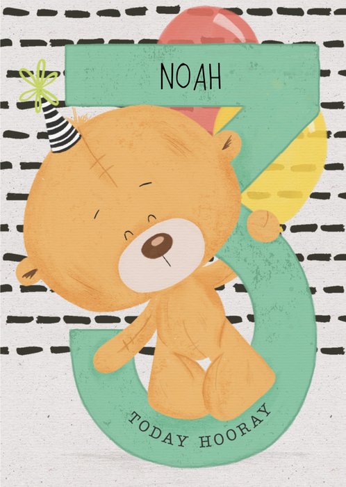 Cute Uddle Bear Wearing Party Hat Standing On Giant Green 3 Personalised Birthday Card