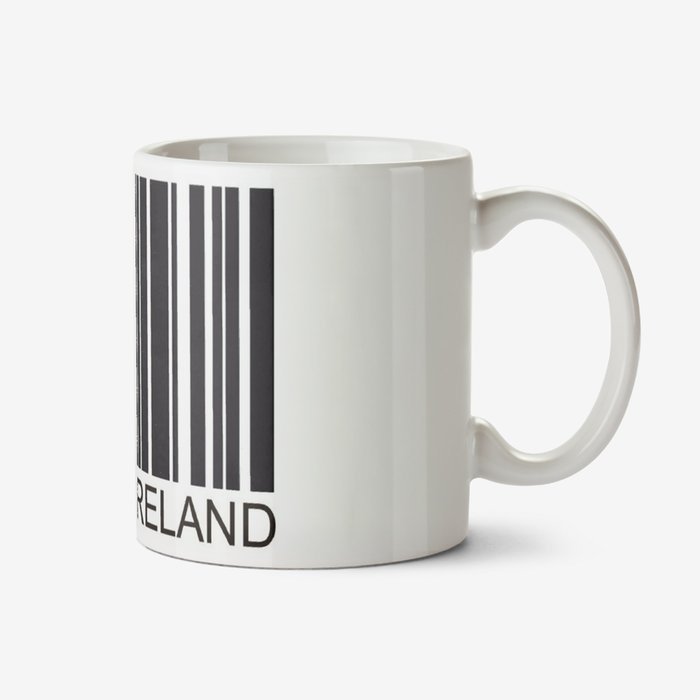 White mug with a black barcode and caption that reads Made In Ireland