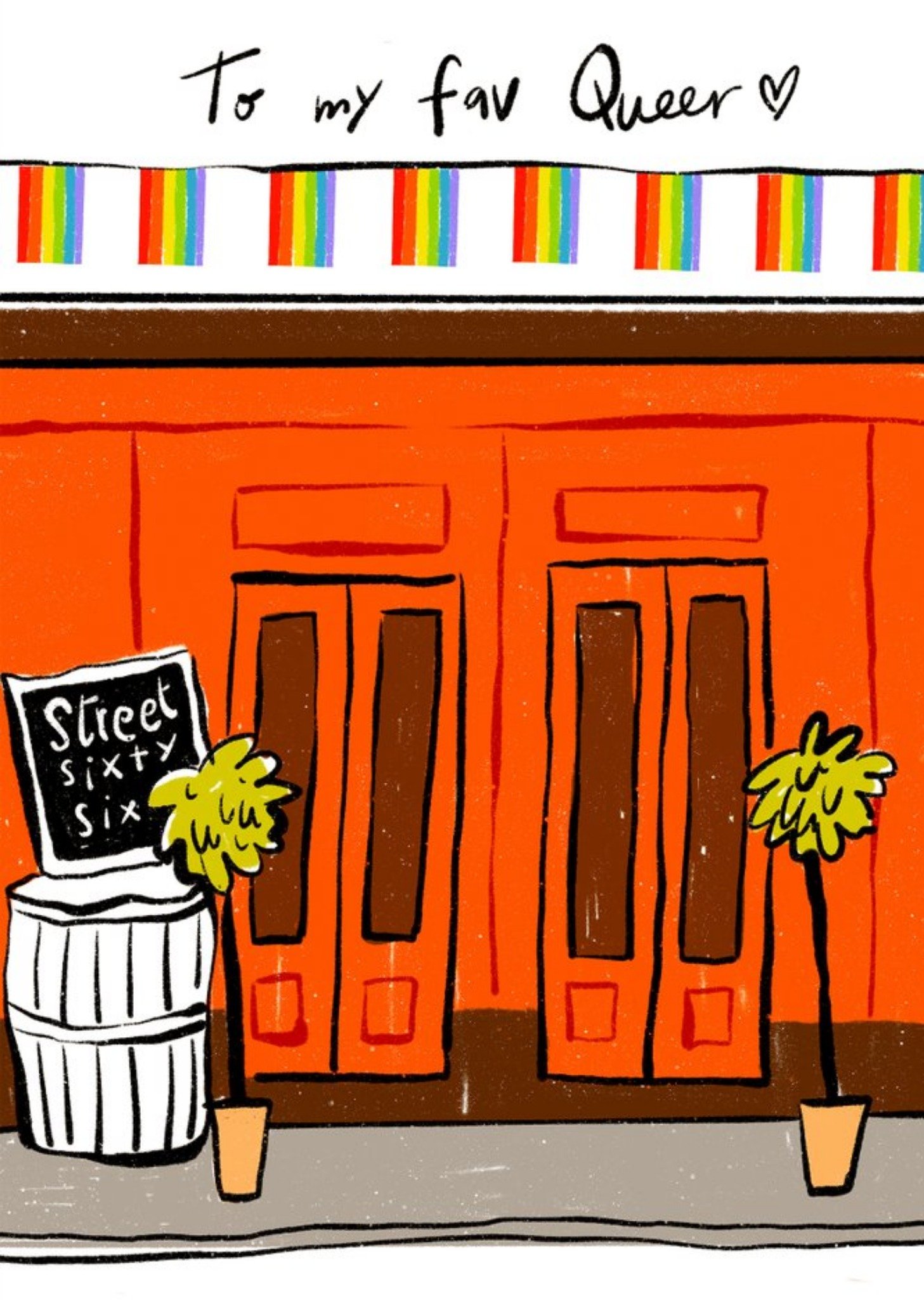 Moonpig Colourful Illustration Of The Street Sixty Six Gay Bar Favourite Queer Card Ecard