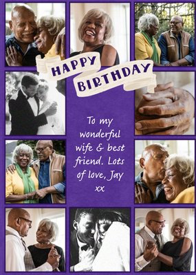 Multiply Photo Frames Surrounding Text On A Purple Background Wife's Photo Upload Birthday Card