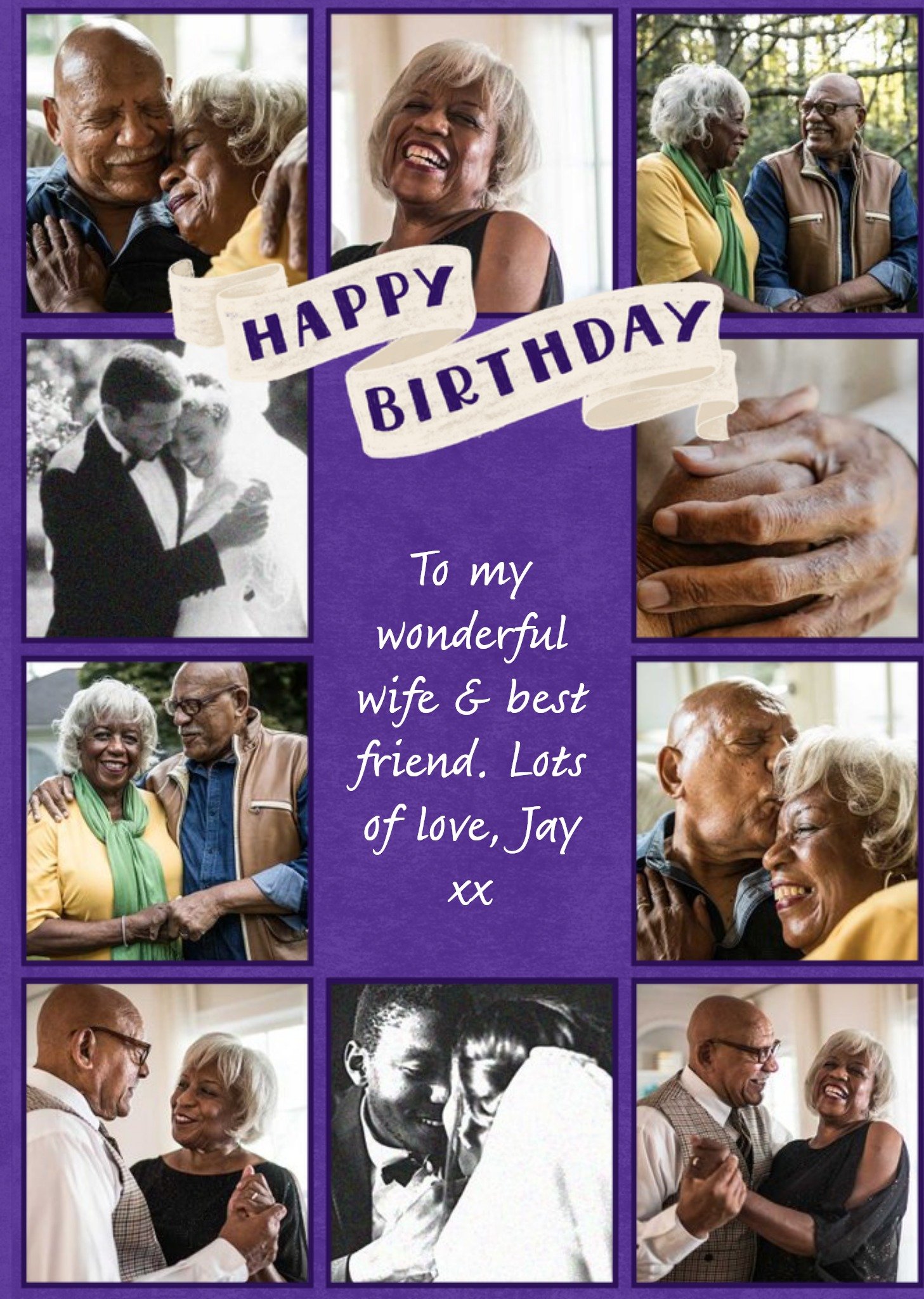 Multiply Photo Frames Surrounding Text On A Purple Background Wife's Photo Upload Birthday Card Ecard