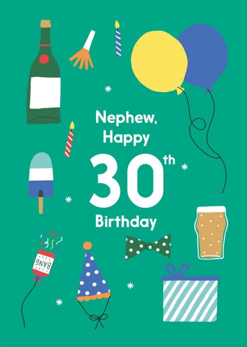 Illustrated Cute Party Balloons Nephew Happy 30th Birthday Card