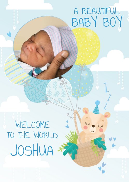 Cute Illustration Of A Bear Asleep In A Basket Attached To Balloons Baby Boy Photo Upload Card 