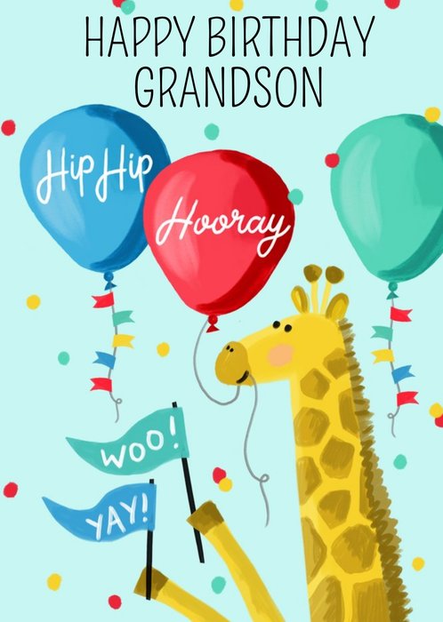 Okey Dokey Illustrated Giraffe And Balloons Hip Hip Hooray Grandson Birthday Card