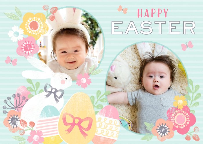 Aqua Striped Egg And Flower Happy Easter Photo Card