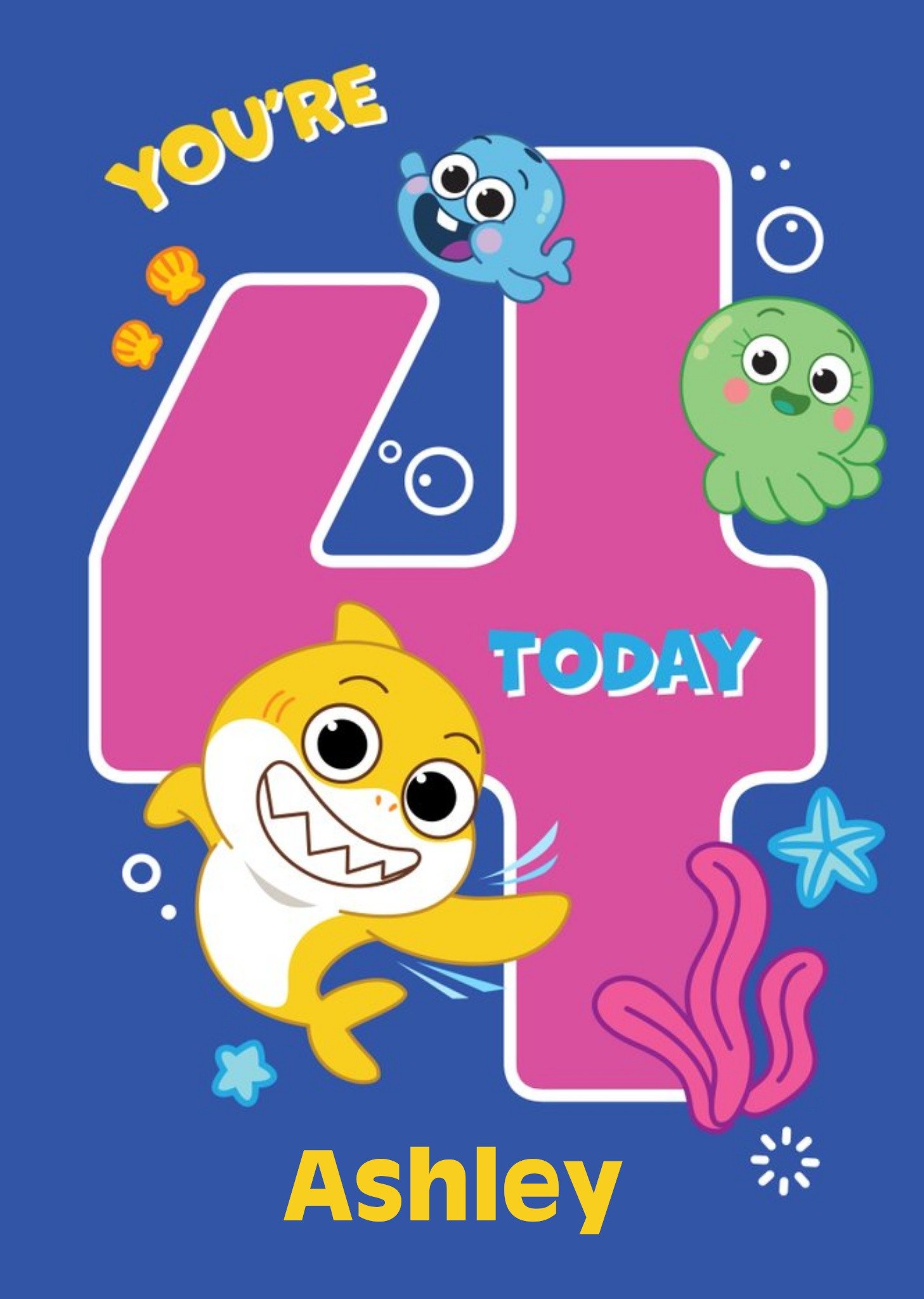 Baby Shark You're 4 Today Cute Birthday Age Card Ecard