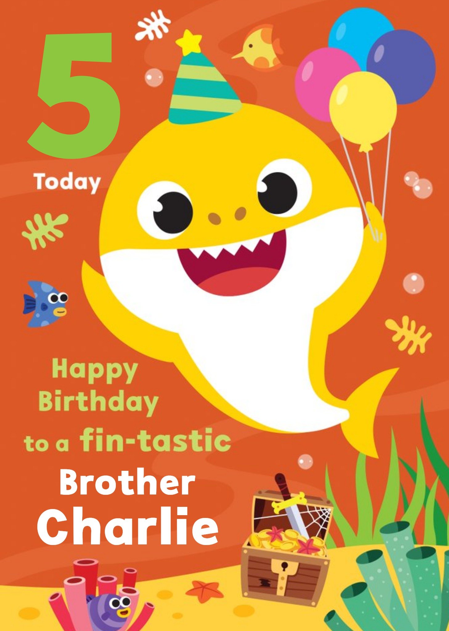 Baby Shark Song Kids 5 Today Fin-Tastic Brother Birthday Card, Large