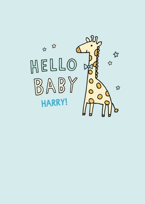Illustrated Giraffe Surrounded By Stars. Hello Baby, New Baby Boy Card