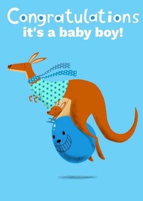 Blue Illustrated Kangaroo and Joey Baby Boy Congratulations Card