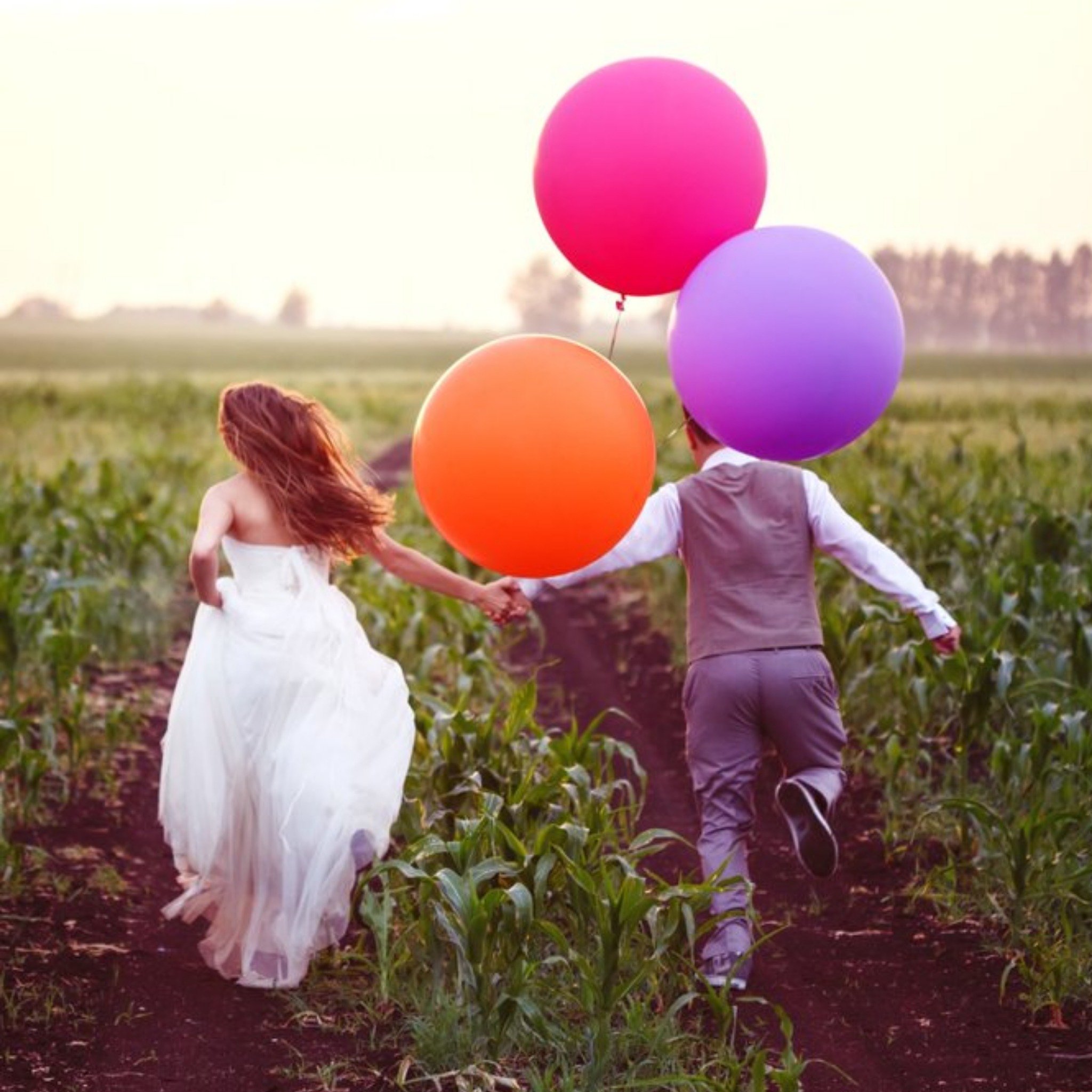 Cute Couple Running With Balloons Wedding Card, Square