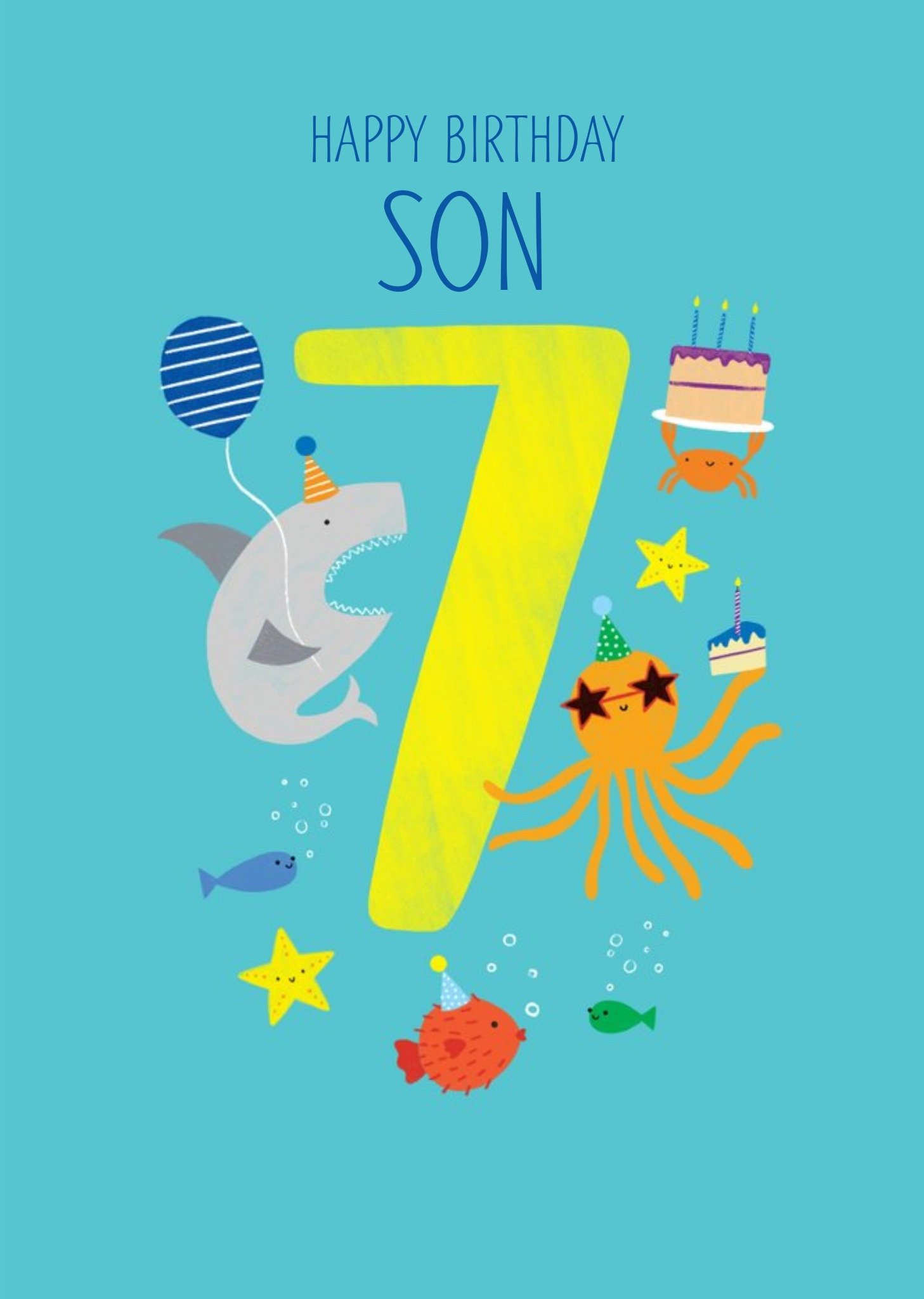 Moonpig Happy Birthday Son Party Fish Octopus Shark 7th Birthday Card, Large