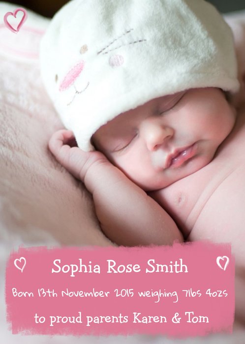 Pink Hearts Personalised Photo New Baby Announcement Postcard