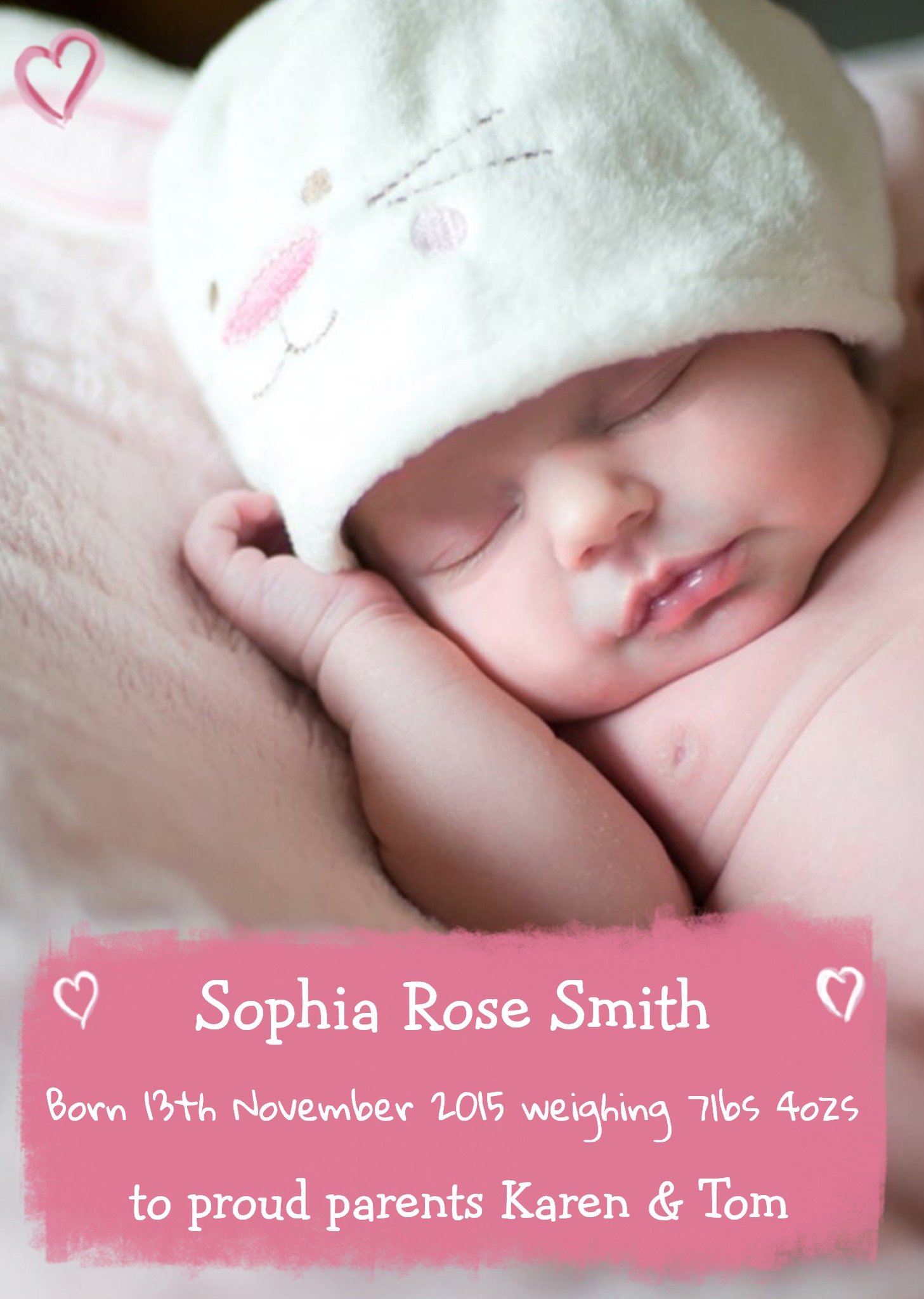Moonpig Pink Hearts Personalised Photo New Baby Announcement Postcard