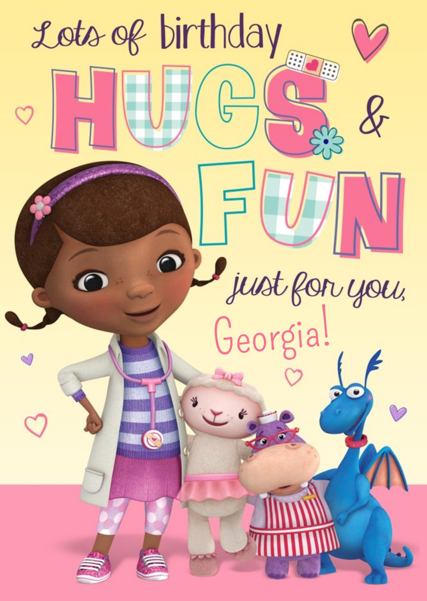 Disney Doc Mcstuffins Hugs And Fun Personalised Birthday Card, Large