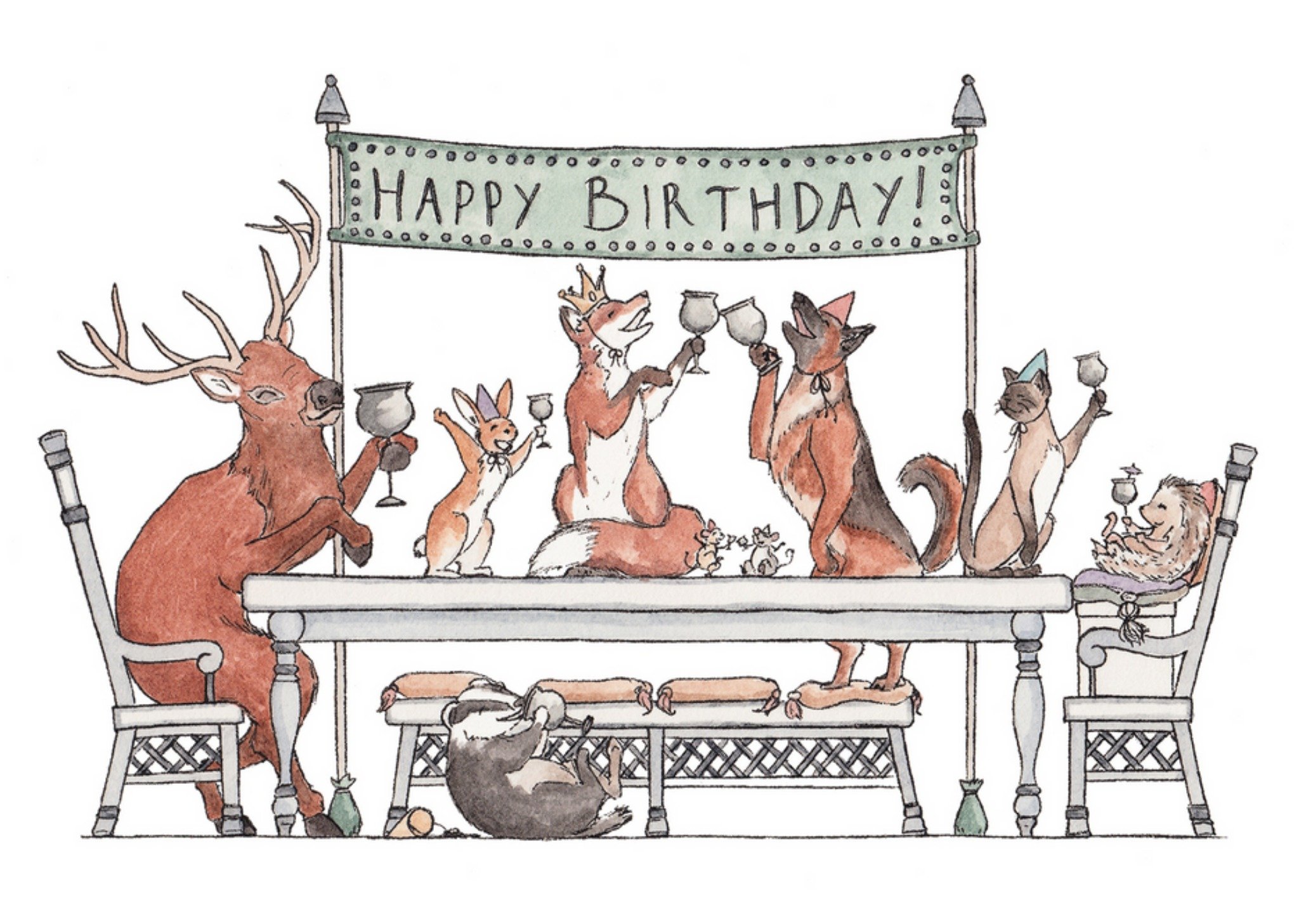 Woodland Animal Tea Party Illustration Birthday Card Ecard