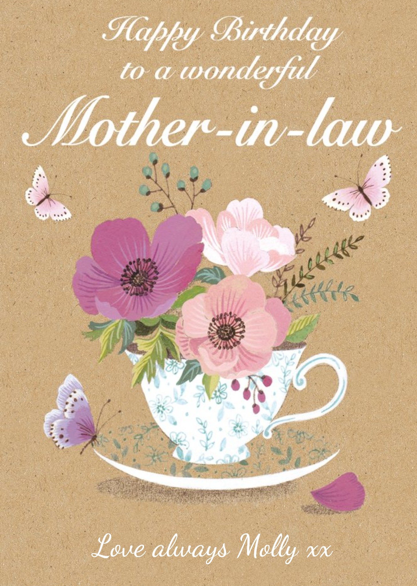 Beautiful Illustration Of Flowers In A Tea Cup Surrounded By Butterflies Mother-In-Law Birthday Card Ecard