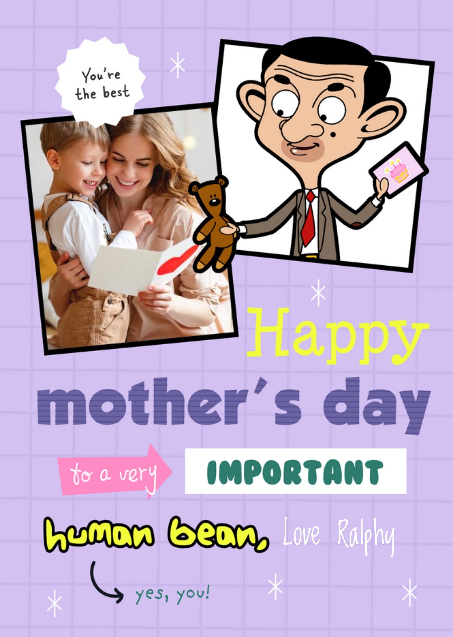 Moonpig Mr Bean Happy Mothers Day To A Very Important Human Bean Photo Upload Card Ecard