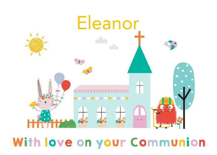 Cute Illustrated Characters Outside Church Communion Card