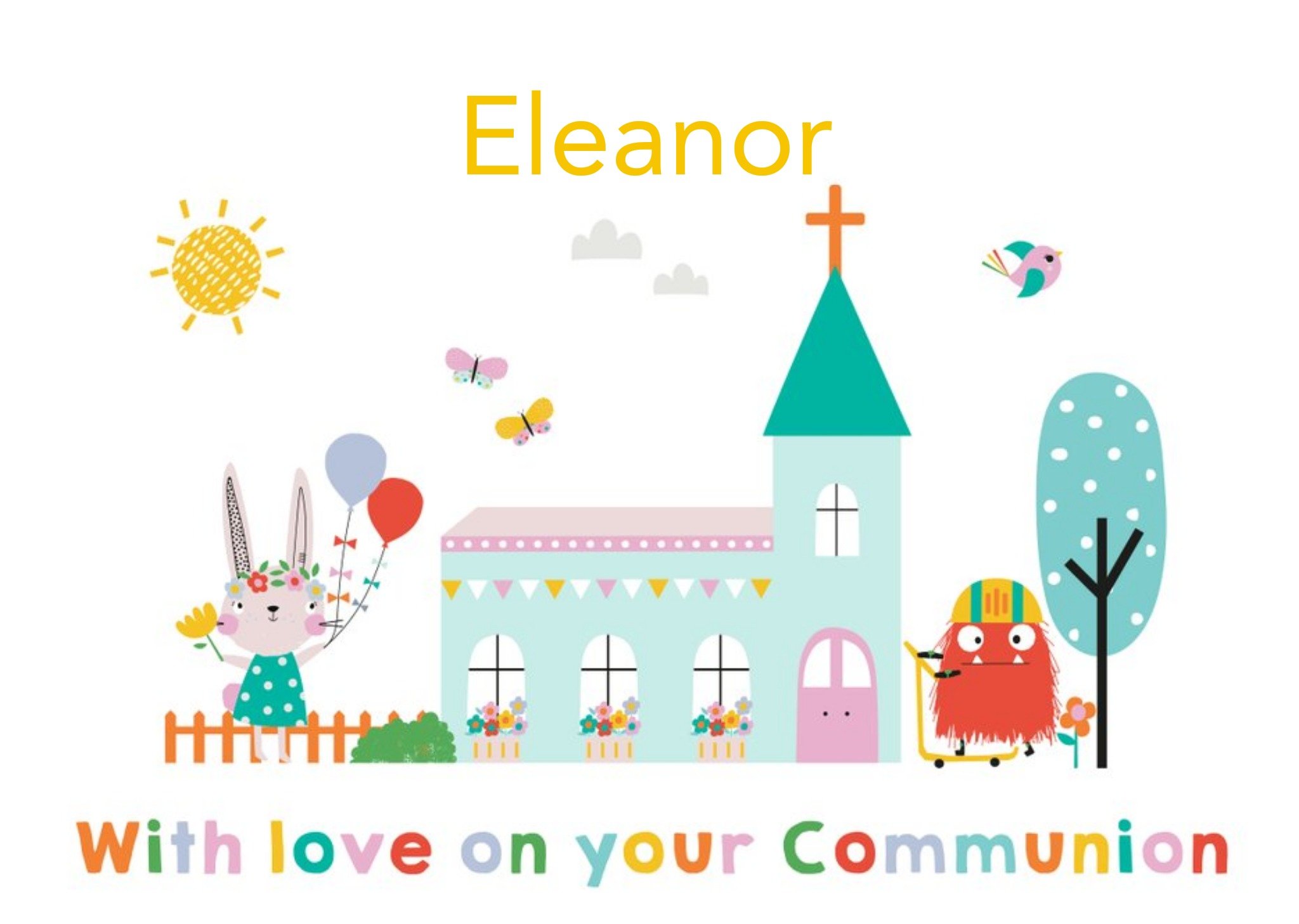 Cute Illustrated Characters Outside Church Communion Card Ecard