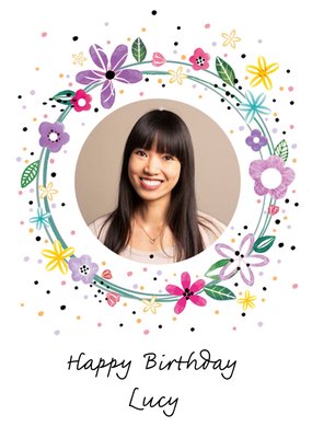 Circular Floral Design Photo Upload Happy Birthday Card