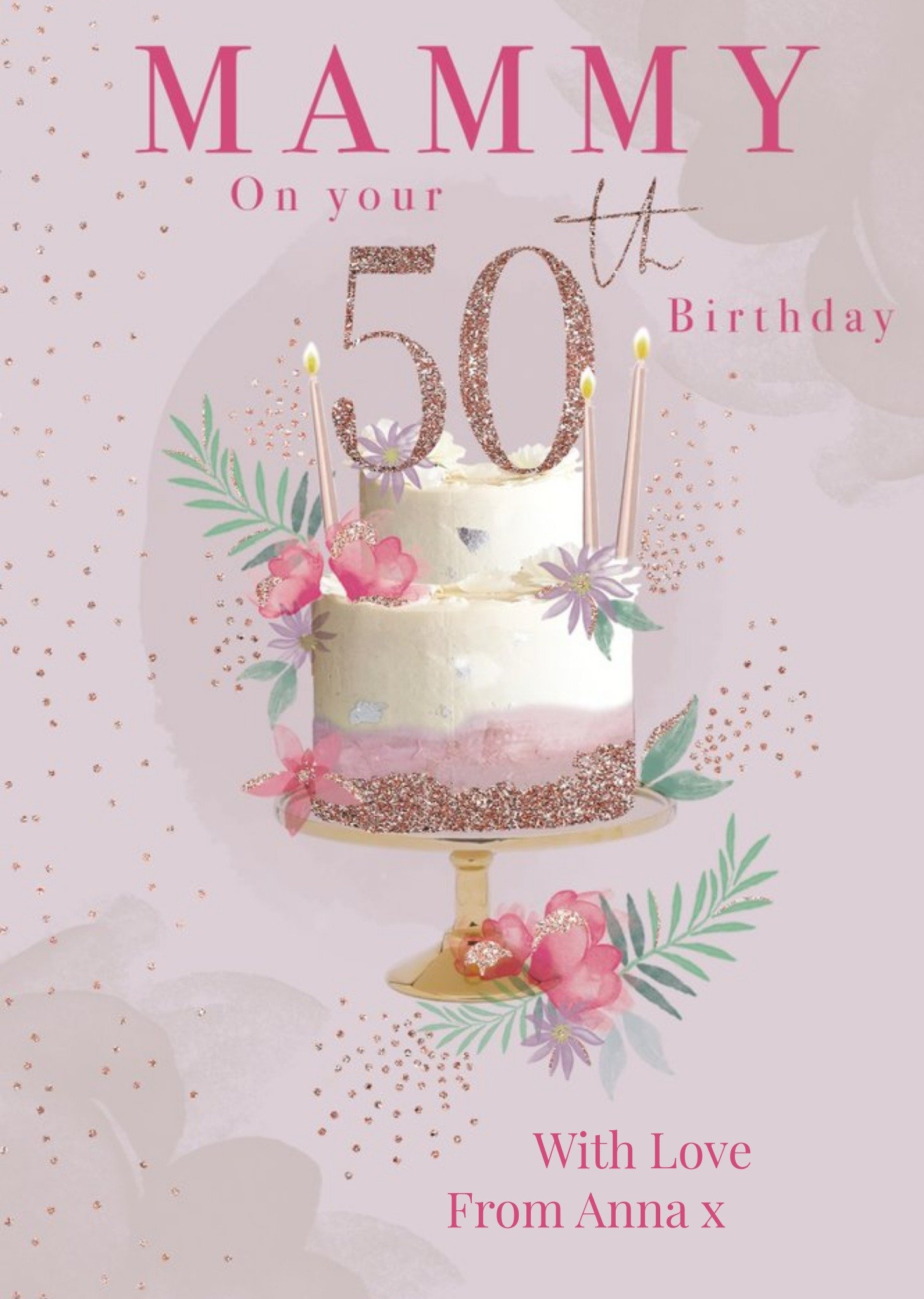 Moonpig Clintons Mammy Pink Glitter Cake 50th Birthday Card, Large