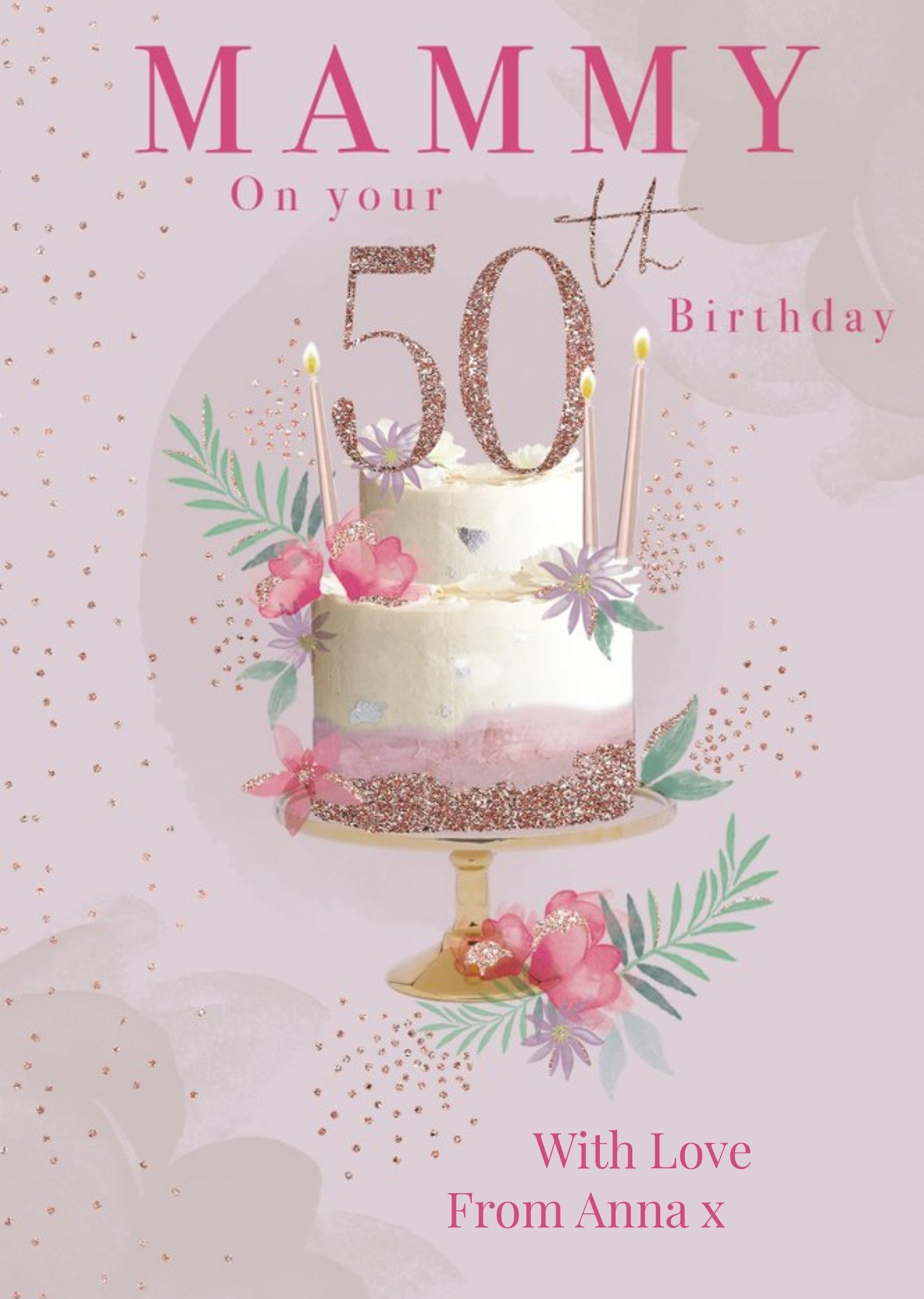 Clintons Mammy Pink Glitter Cake 50th Birthday Card Ecard