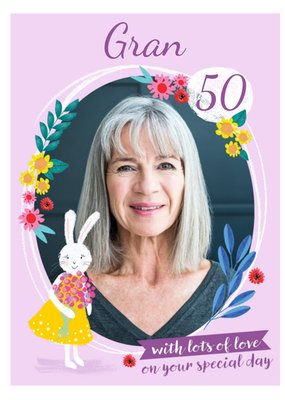 Illustrated Rabbit Floral Photo Upload Gran 50th Birthday Card