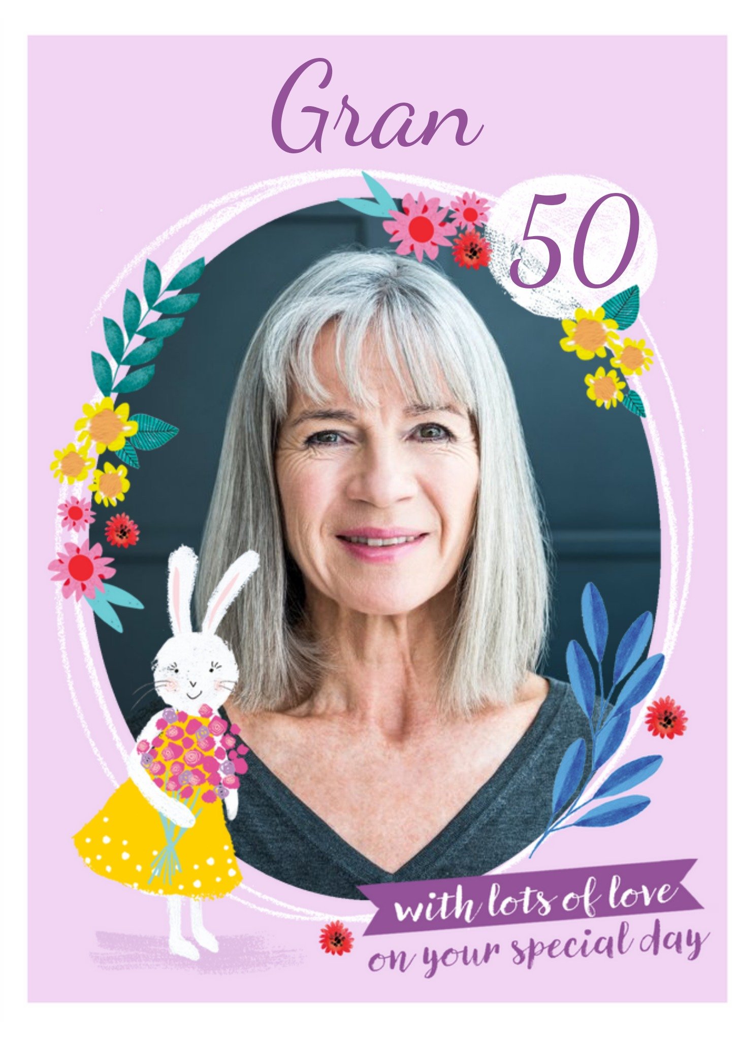 Moonpig Illustrated Rabbit Floral Photo Upload Gran 50th Birthday Card, Large