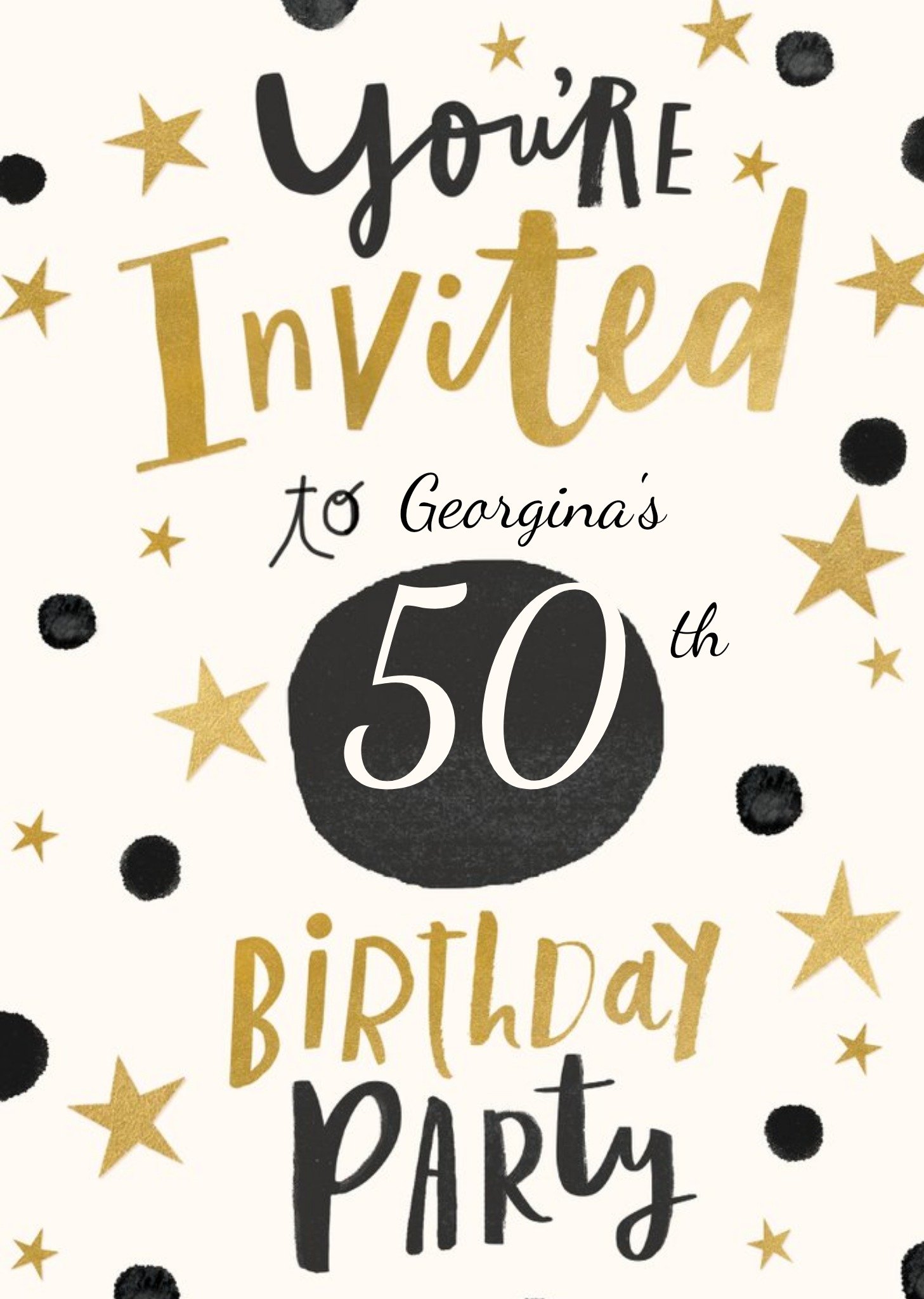 Moonpig Illustrative Typographic Black & Gold Birthday Party Invitation, Standard Card