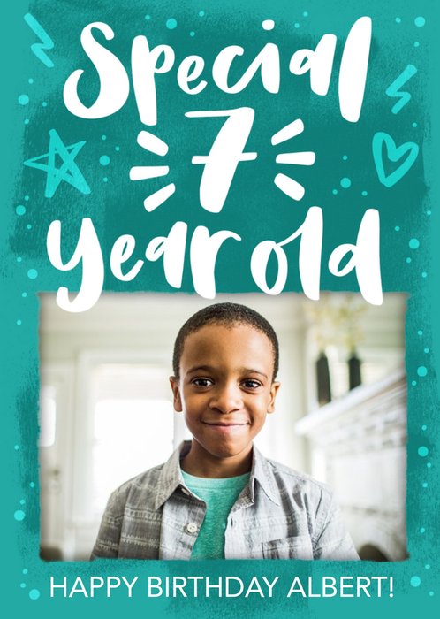 Modern Typographic Special 7 Year Old Photo Upload Birthday Card