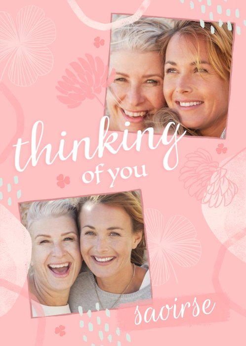 Pink Illustrated Photo Upload Thinking of You Card