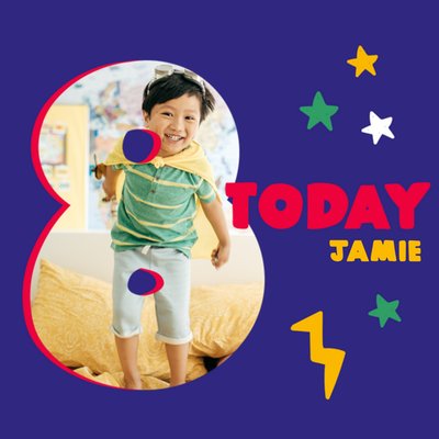 Fun And Bold 8 Today Lightning Bolt And Stars Photo Upload Birthday Card