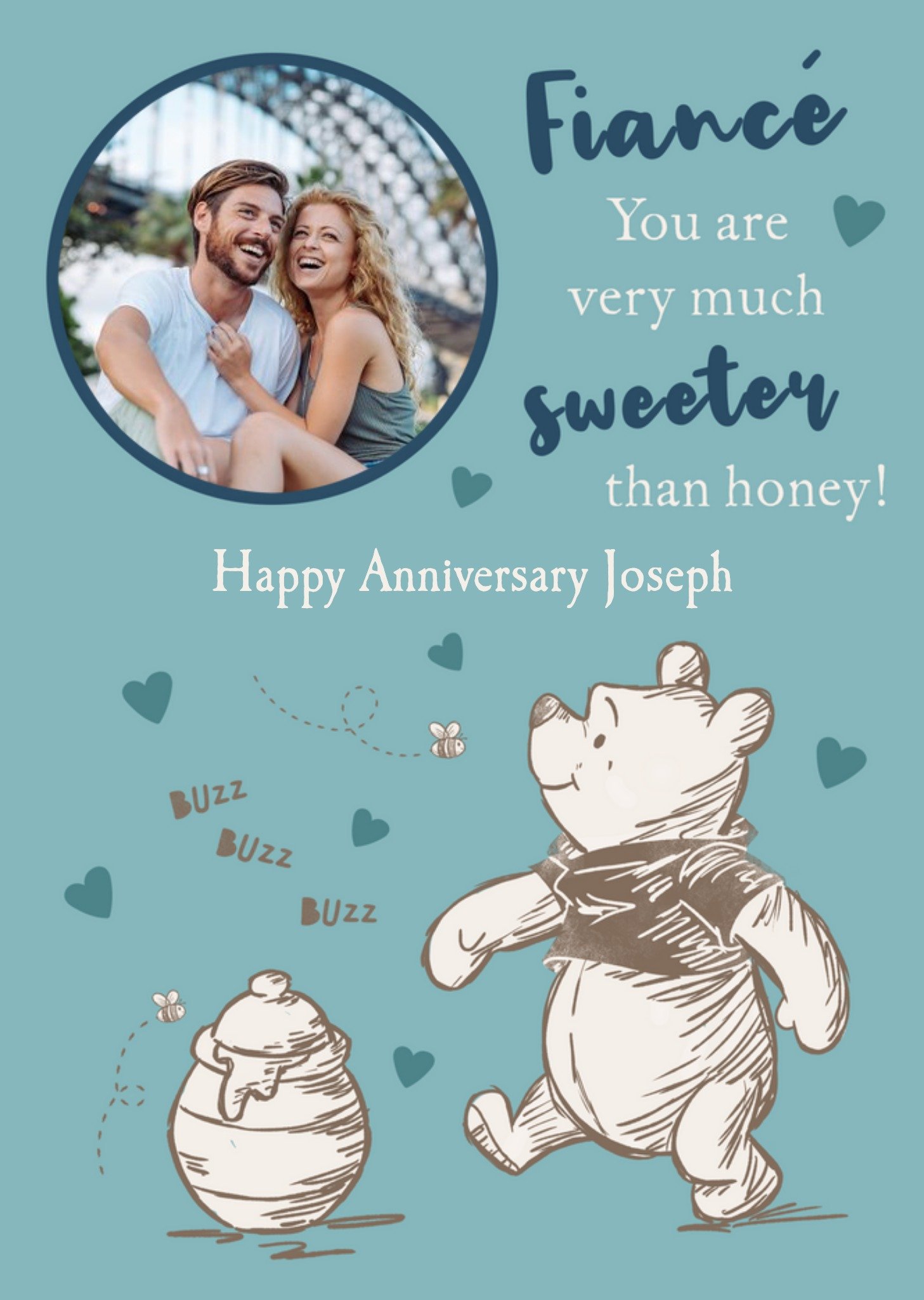 Winnie The Pooh Fiance Sweeter Than Honey Photo Upload Anniversary Card, Large