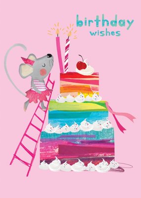 Mouse and Cake Illustration Birthday Wishes Card