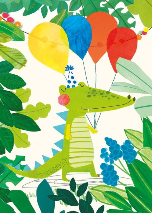 Crocodile With Balloons Illustration Birthday Card