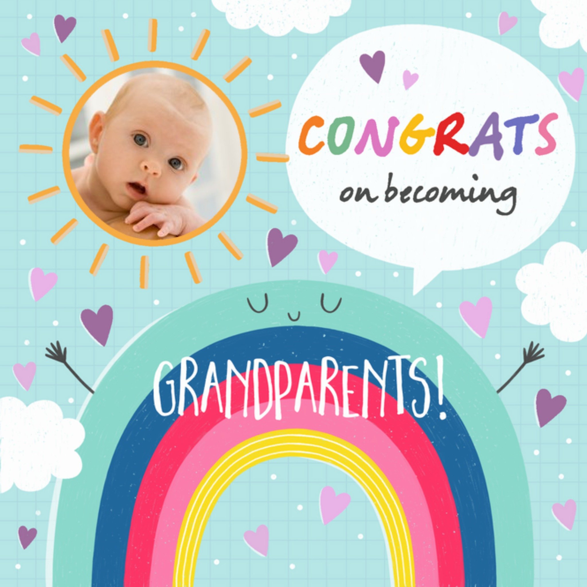 Bright Colourful Illustrated Rainbow Photo Upload New Grandparents Card, Square