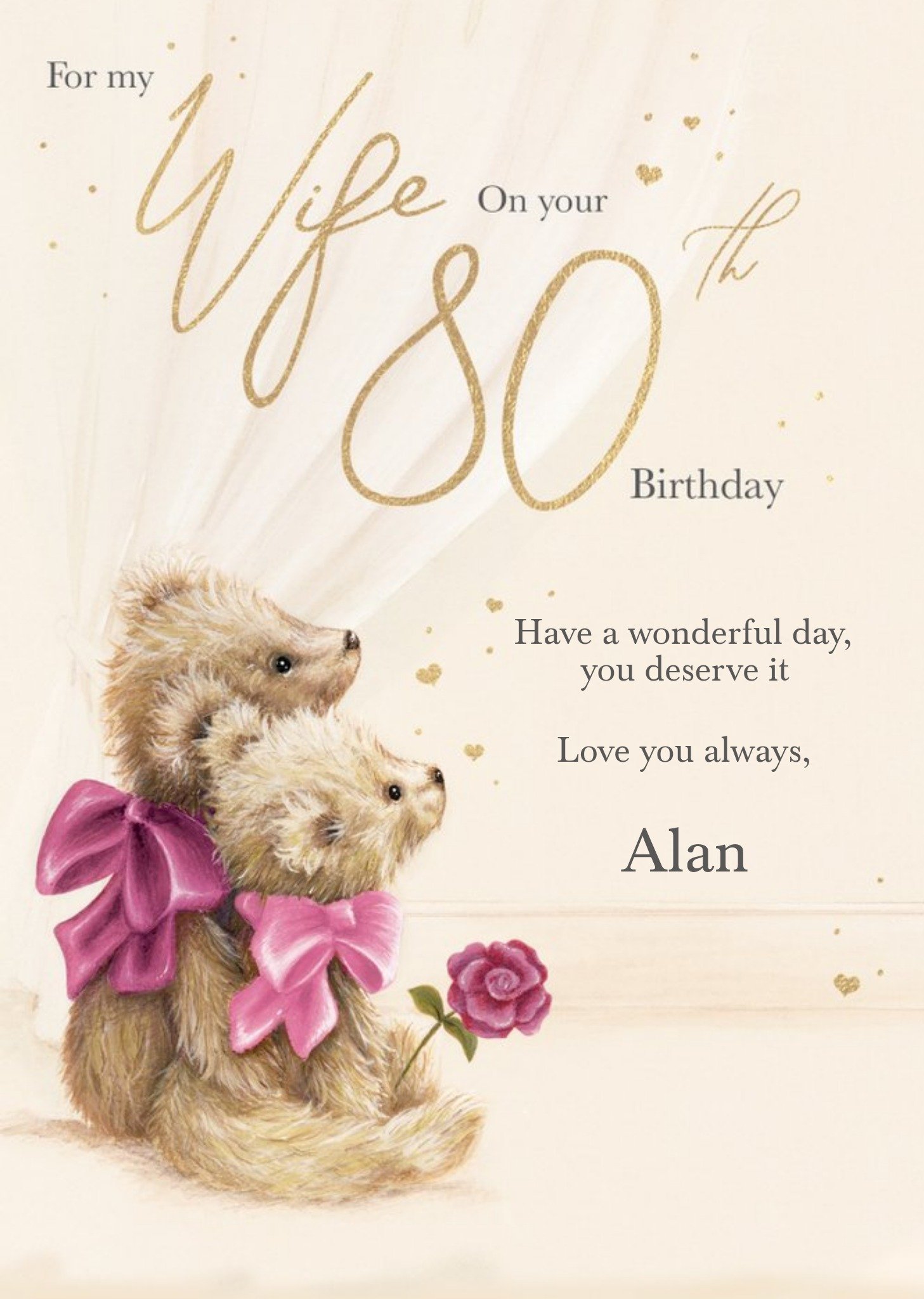 Love Hearts Clintons 80th Milestone For Her Wife Cute Teddy Bears Pink Birthday Card, Large