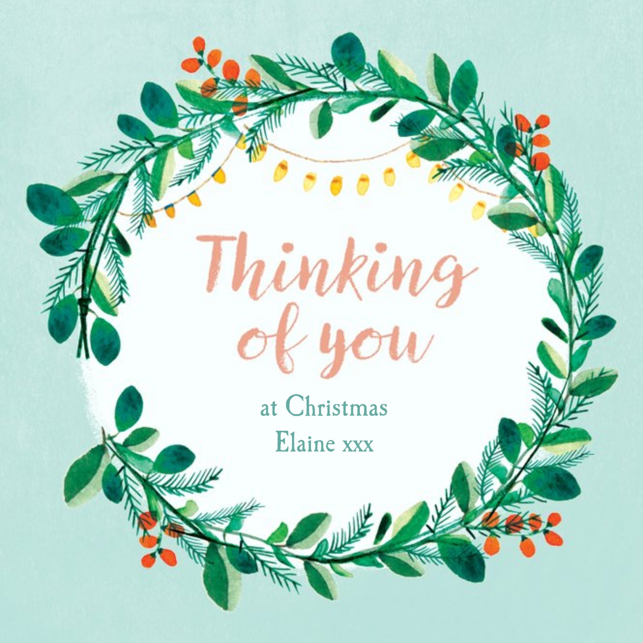 Holly Wreath Thinking Of You At Christmas Personalised Card, Square