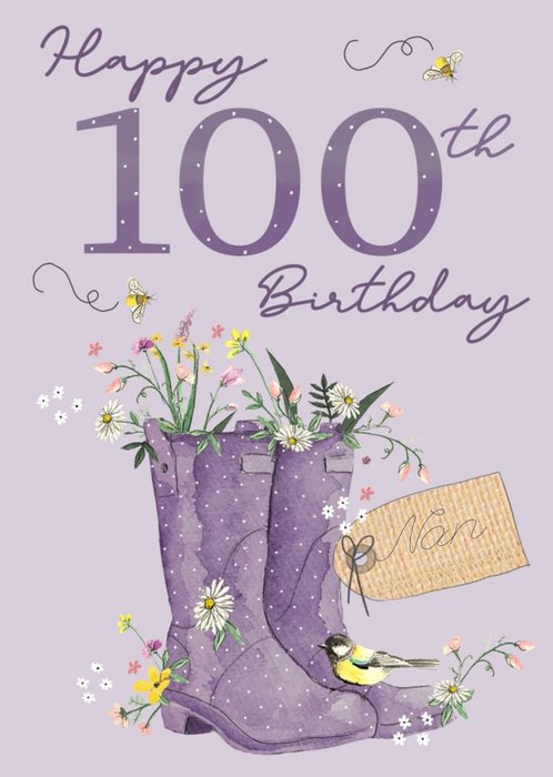 Okey Dokey Illustrated Wellington Boots Flowers Bumble Bees Nan 100th Birthday Card