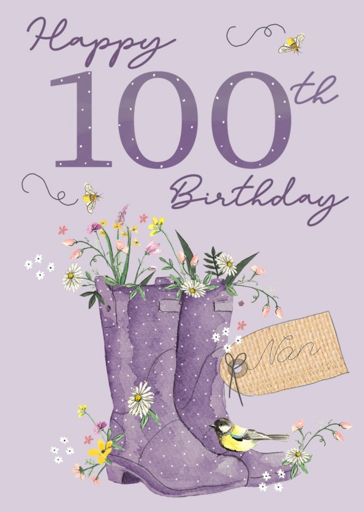 Okey Dokey Design Okey Dokey Illustrated Wellington Boots Flowers Bumble Bees Nan 100th Birthday Card Ecard