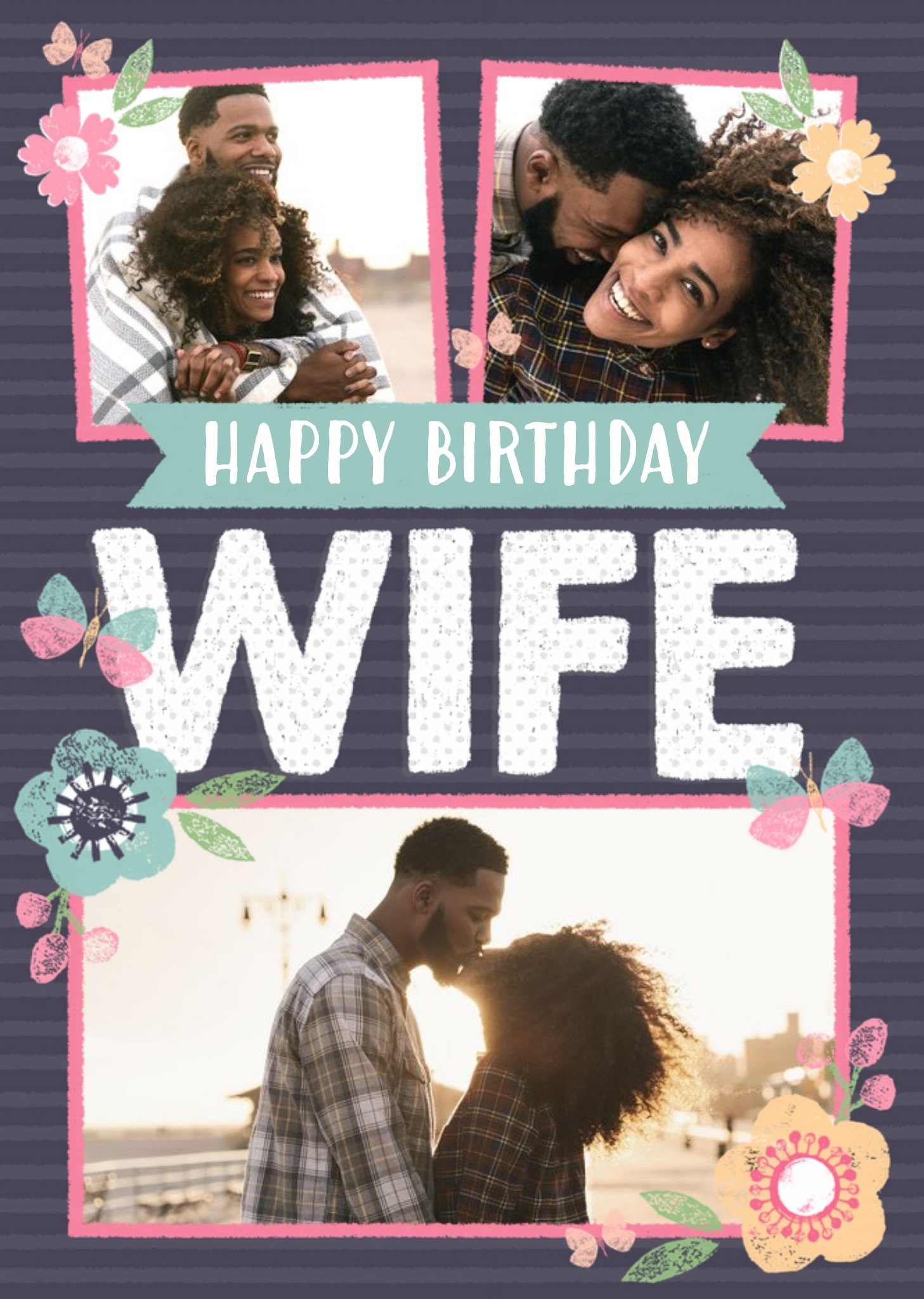 Moonpig Stripes And Flowers Multi-Photo Happy Birthday Wife Card Ecard