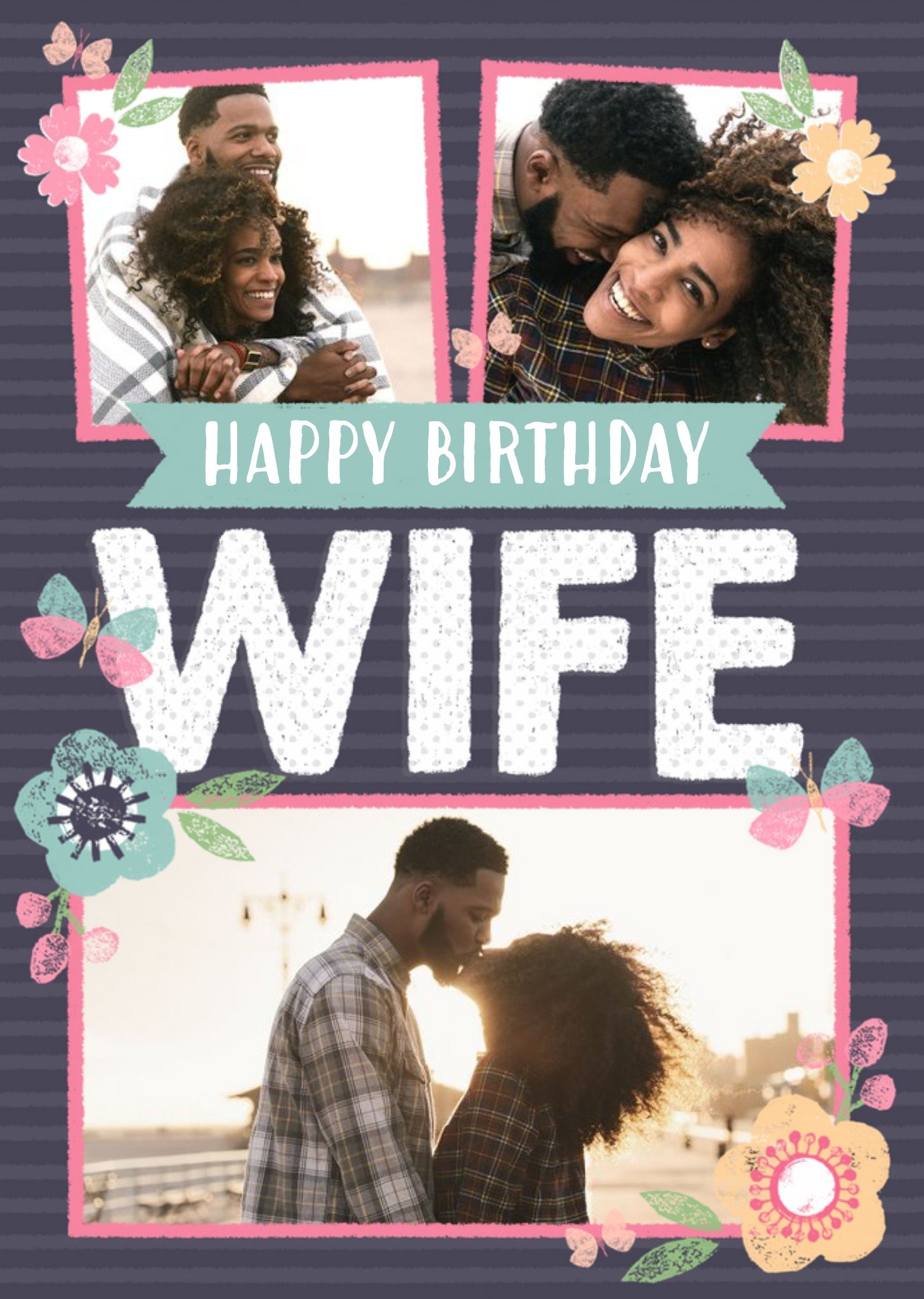 Stripes And Flowers Multi-Photo Happy Birthday Wife Card Ecard