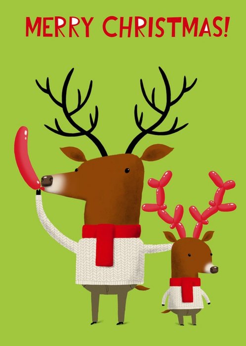 Two Deers Blowing Up Balloons For Antlers Christmas Card